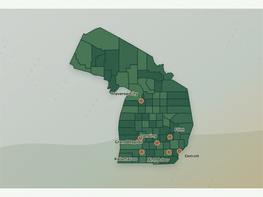 Accurate Michigan land service area map showing Detroit, Grand Rapids, Lansing, Ann Arbor, Flint, Kalamazoo, and Traverse City